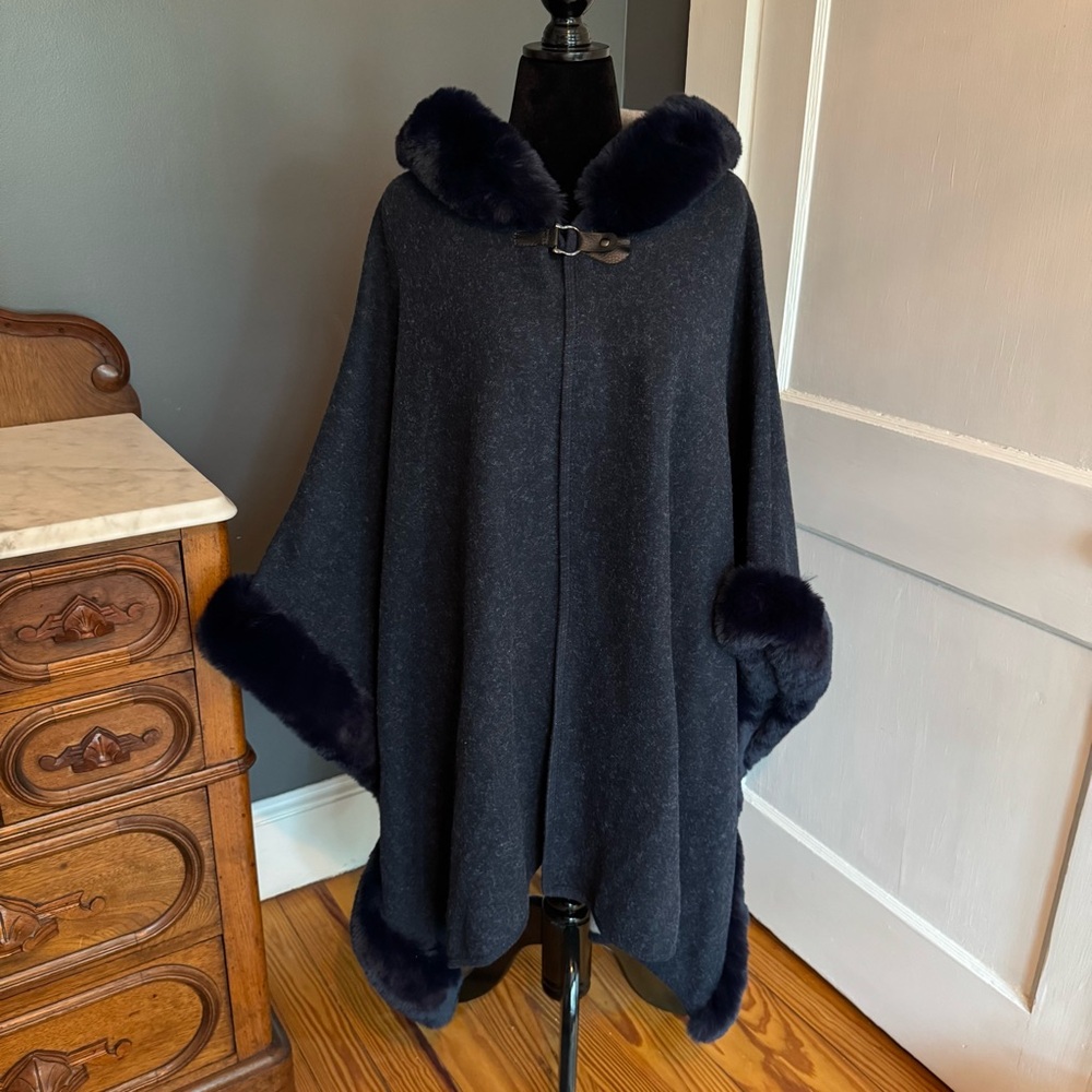 Torrid Fur Trim Ruana Cape/Poncho in Navy Blue
